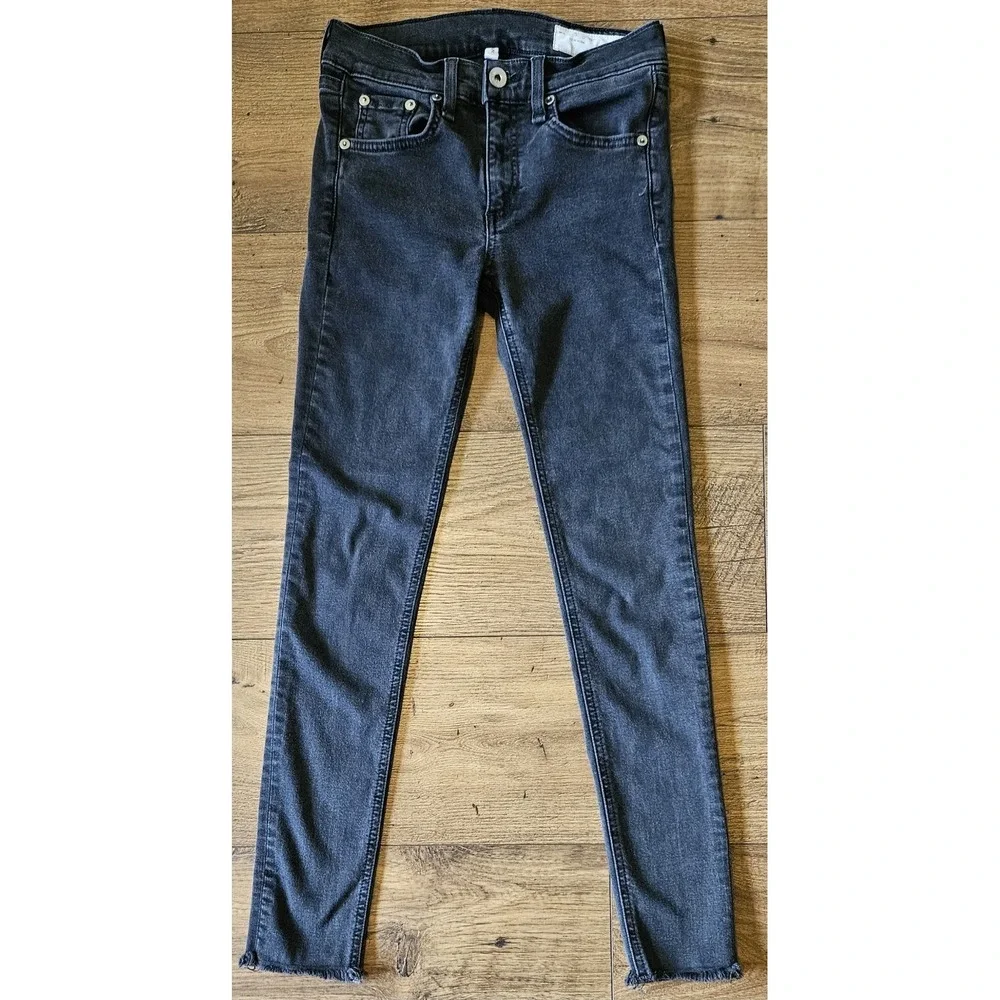 Rag & Bone Ankle Skinny Jeans Size 25 Black Raw Distressed Hem Stretch (24x25)